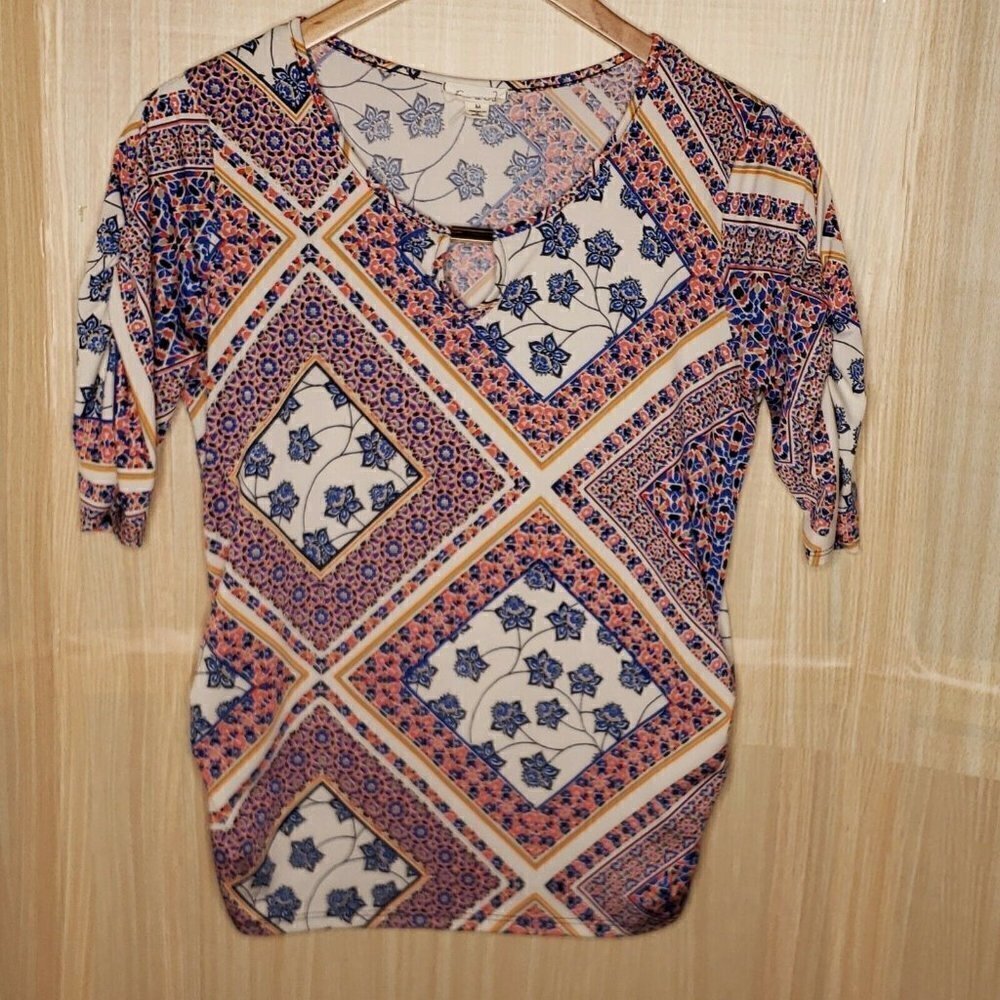 Emi & Joe Womens Short Sleeve Floral Stretchy Top Medium